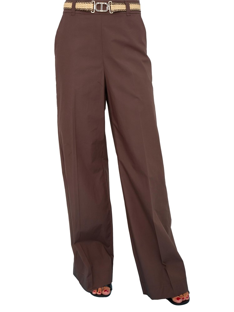 Pantaloni a palazzo Twinset in popeline marrone con cintura in rafia