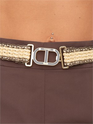 Pantaloni a palazzo Twinset in popeline marrone con cintura in rafia in DONNA