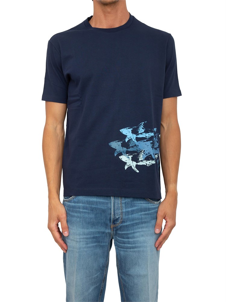 T-shirt Paul[and]Shark blu con stampa Sharks effetto distressed