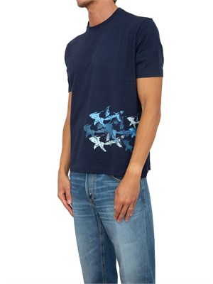 T-shirt Paul[and]Shark blu con stampa Sharks effetto distressed in UOMO