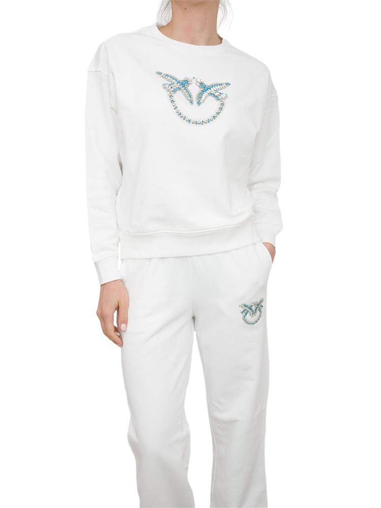 Felpa Pinko bianca con girocollo e ricamo gioiello Love Birds