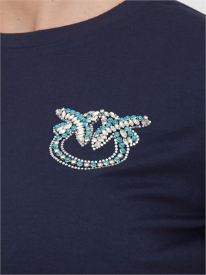 T-shirt blu Pinko con ricamo gioiello Love Birds in DONNA