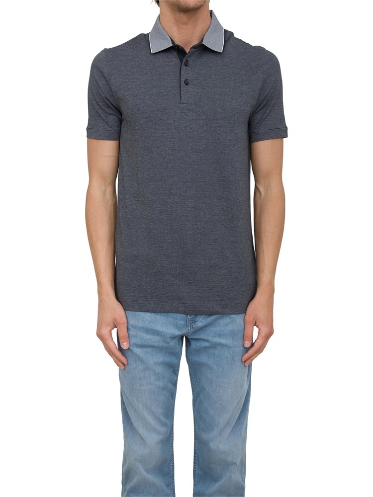 Polo Boss blu in cotone lavorato con colletto a contrasto