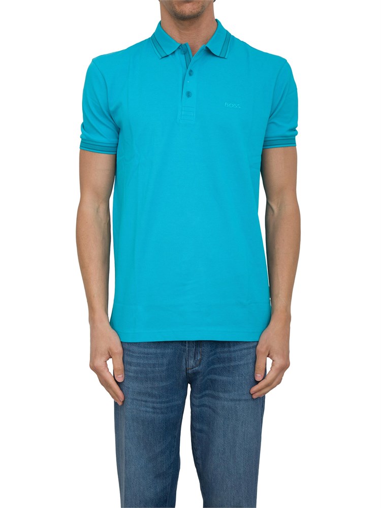 Polo azzurra Boss uomo in piqué di cotone con logo