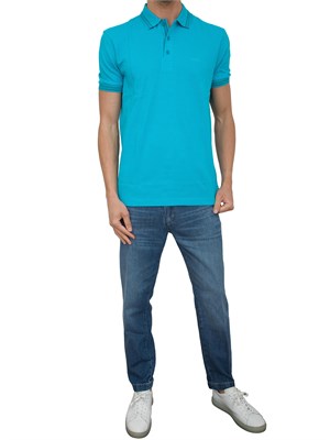 Polo azzurra Boss uomo in piqué di cotone con logo in UOMO