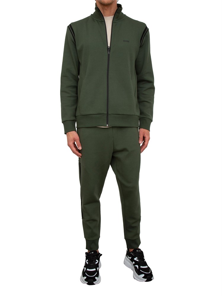 Tuta sportiva Boss verde in cotone elasticizzato con inserti a righe