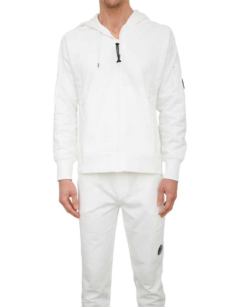 Felpa bianca uomo C.P. Company full zip con cappuccio regolabile in tessuto cotone