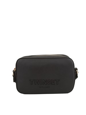 Borsa camera bag nera Twinset con tracolla tessuto e logo in DONNA