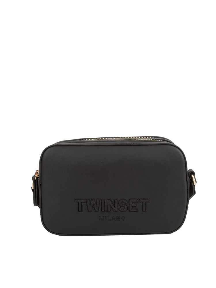 Borsa camera bag nera Twinset con tracolla tessuto e logo
