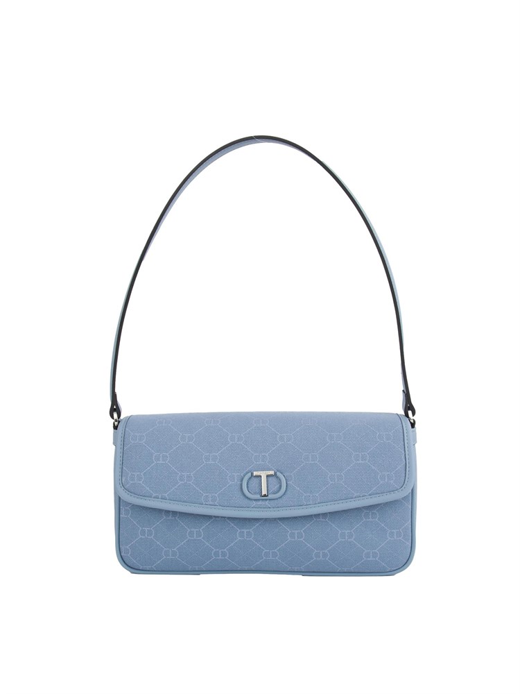 Borsetta a spalla Twinset in tessuto jacquard celeste con stampa logo all over tono su tono