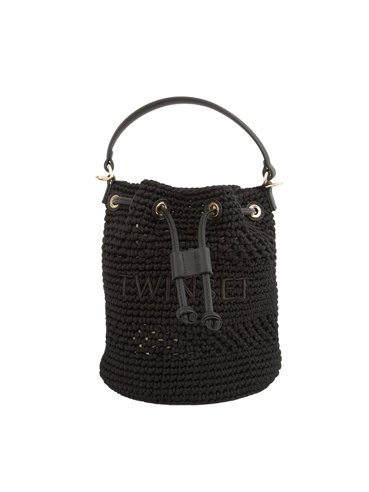 Borsa a secchiello nera Twinset in cotone crochet realizzata a mano