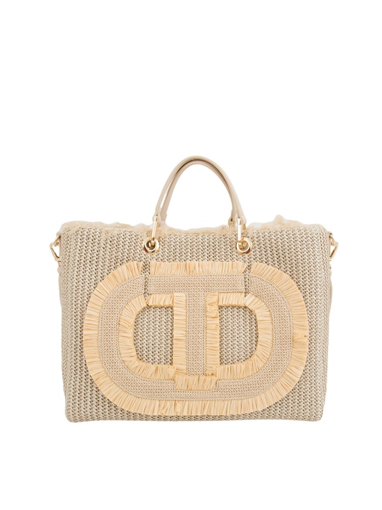 Borsa shopper beige Twinset effetto paglia con Oval T