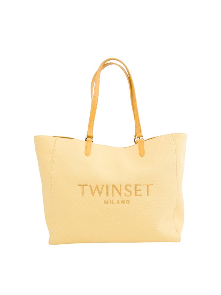Borsa a spalla Twinset in canvas giallo e ricamo logo lettering