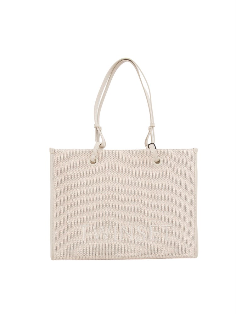 Borsa shopper Twinset in canvas cipria e ricamo logo lettering