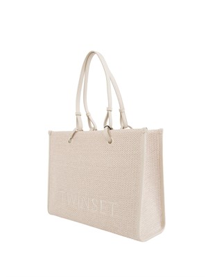 Borsa shopper Twinset in canvas cipria e ricamo logo lettering in DONNA
