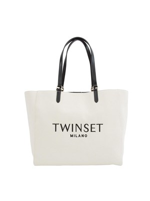 Borsa a spalla Twinset in canvas color naturale e ricamo logo lettering in DONNA