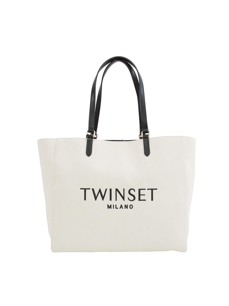Borsa a spalla Twinset in canvas color naturale e ricamo logo lettering