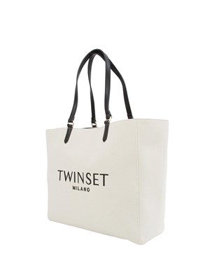 Borsa a spalla Twinset in canvas color naturale e ricamo logo lettering in DONNA