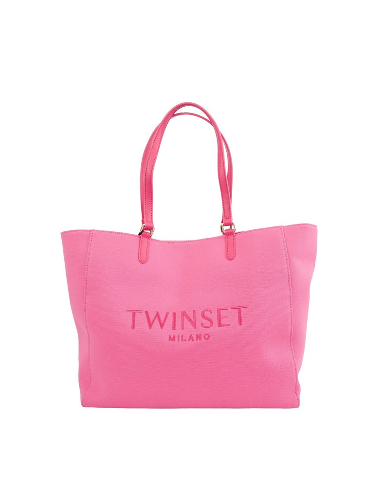 Borsa a spalla Twinset in canvas fuxia e ricamo logo lettering