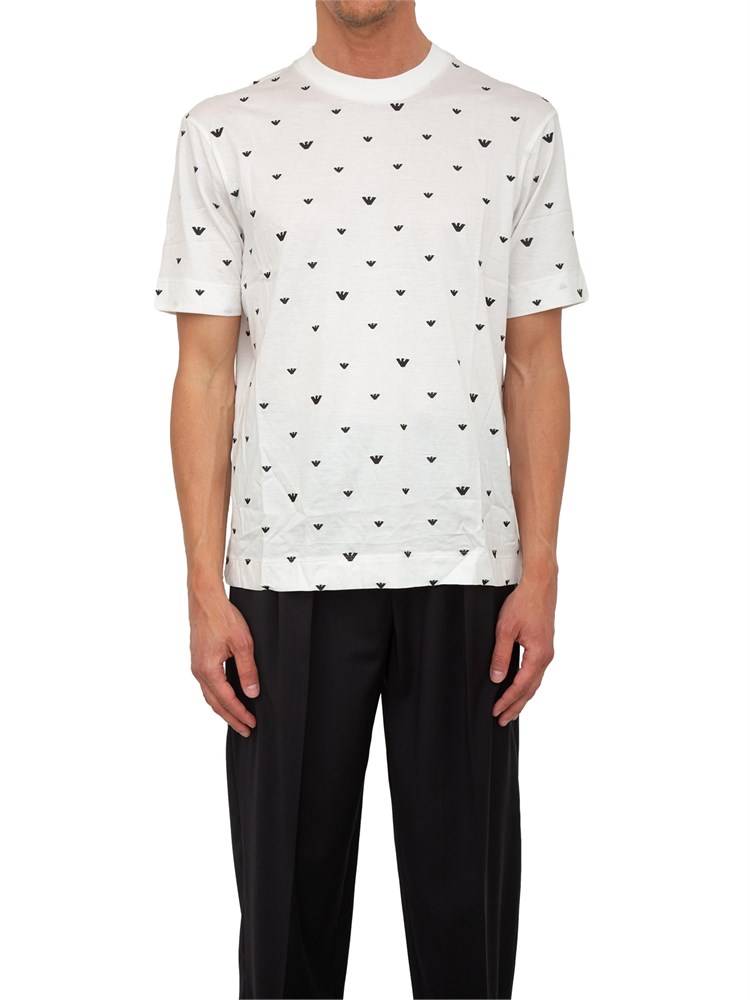 T-shirt uomo Emporio Armani in cotone avorio con logo aquila all-over
