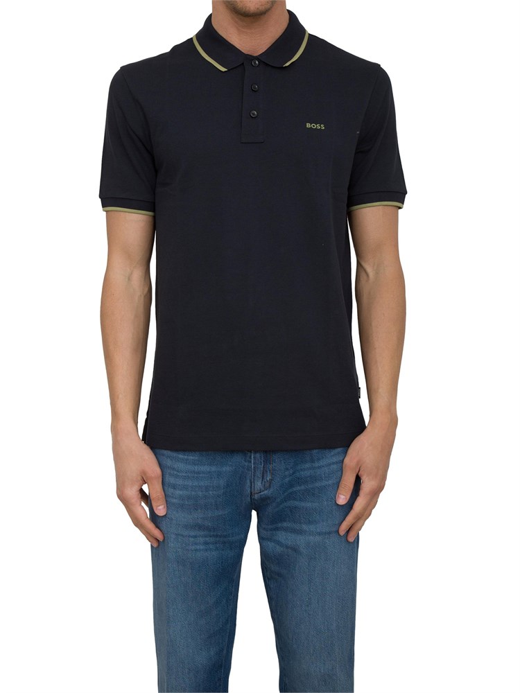 Polo Boss blu in piqué di cotone con logo