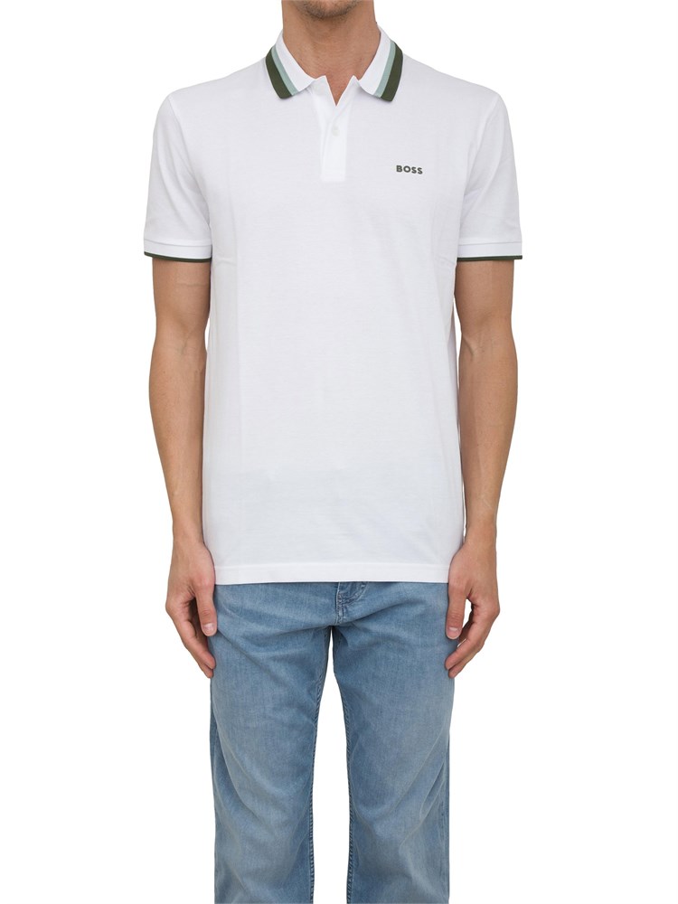 Polo bianca Boss uomo in piqué di cotone con logo
