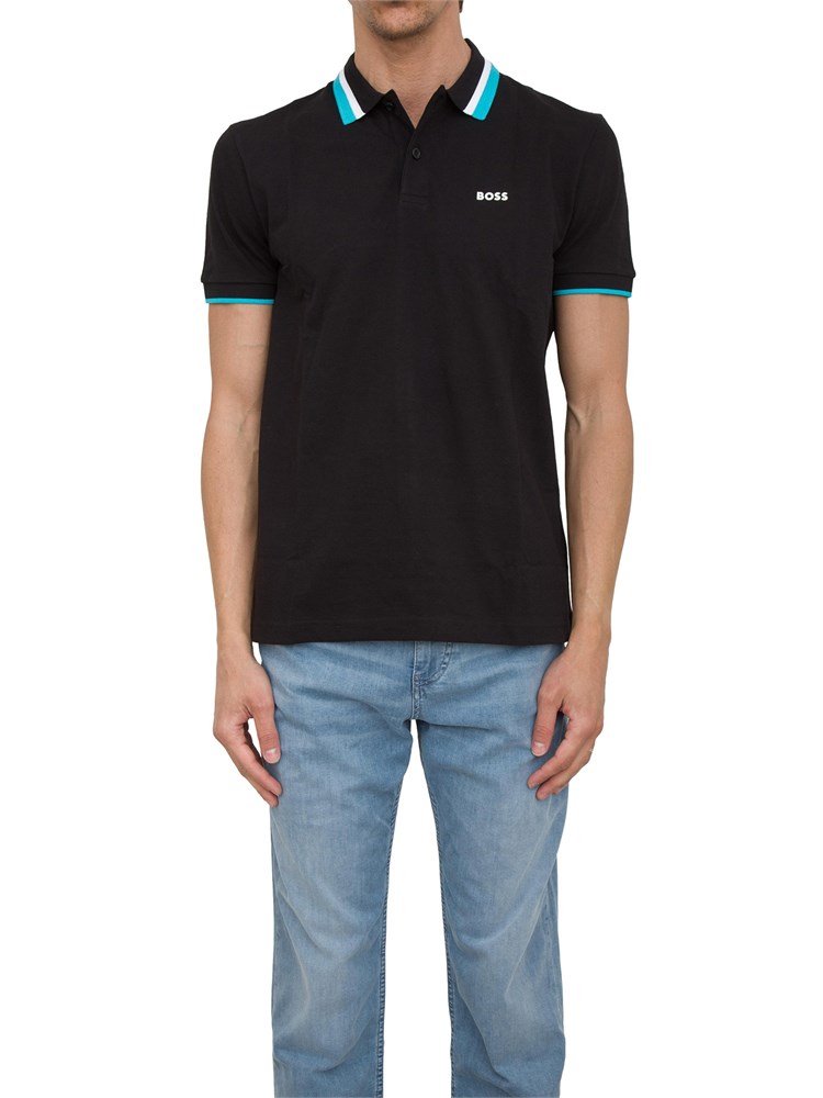Polo nera Boss uomo in piqué di cotone con logo