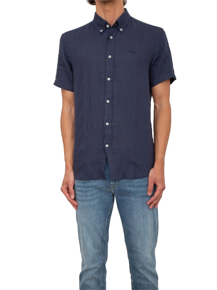 Camicia manica corta Boss uomo in lino blu e collo botton down