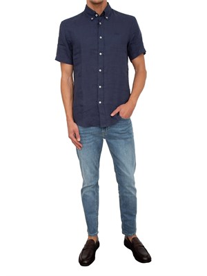 Camicia manica corta Boss uomo in lino blu e collo botton down in UOMO