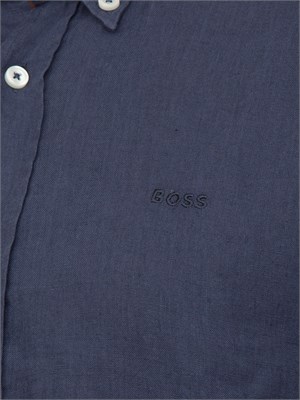 Camicia manica corta Boss uomo in lino blu e collo botton down in UOMO
