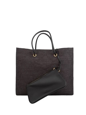 Borsa nera grande Elisabetta Franchi motivo jacquard con patch logo in DONNA