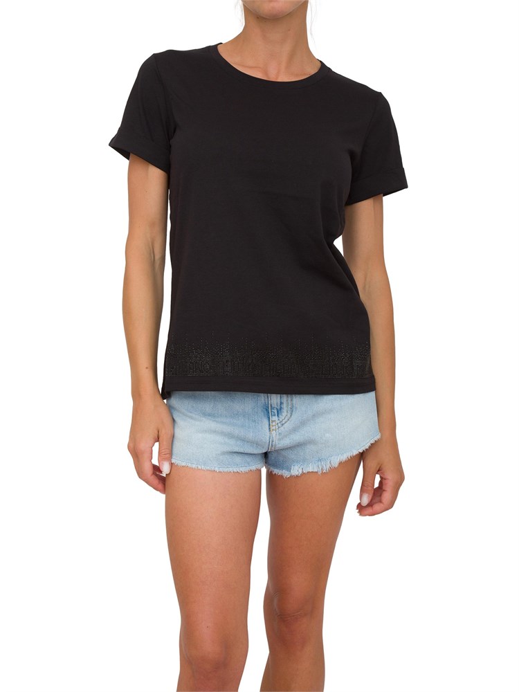 T-shirt Liu Jo donna in cotone nero con logo strass a cascata su bordo