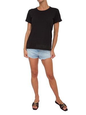 T-shirt Liu Jo donna in cotone nero con logo strass a cascata su bordo in DONNA