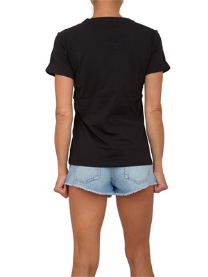 T-shirt Liu Jo donna in cotone nero con logo strass a cascata su bordo in DONNA
