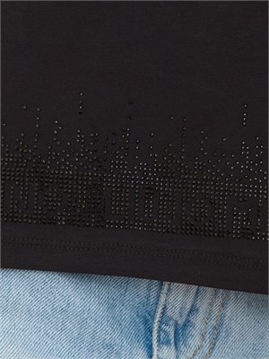 T-shirt Liu Jo donna in cotone nero con logo strass a cascata su bordo in DONNA