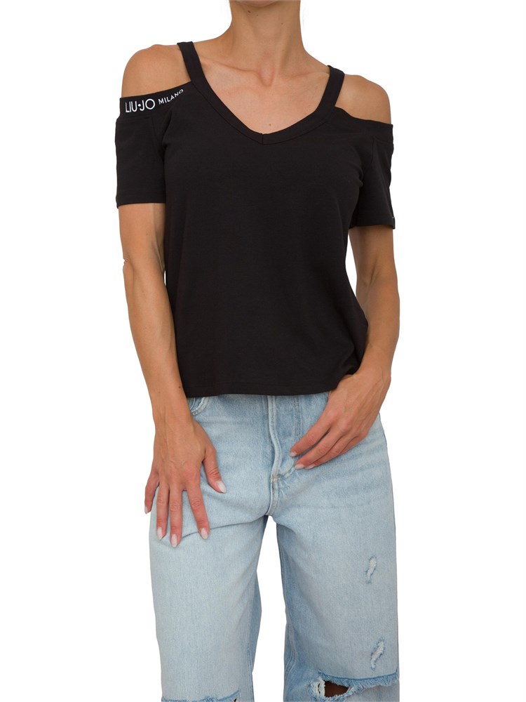 T-shirt nera Liu Jo donna modello cut out su spalle e logo a contrasto