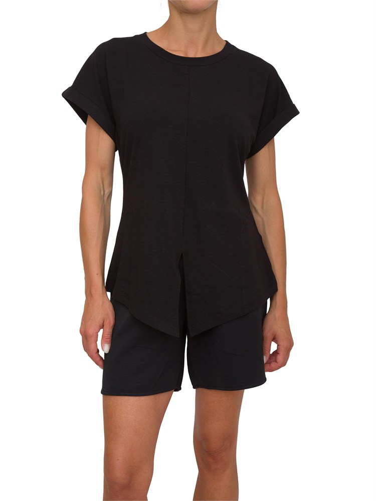 T-shirt nera Liu Jo donna con spacco davanti e lettering strass dietro