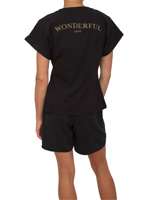 T-shirt nera Liu Jo donna con spacco davanti e lettering strass dietro in DONNA
