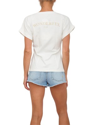 T-shirt bianco panna Liu Jo donna con spacco davanti e lettering strass dietro in DONNA