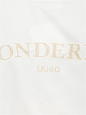 T-shirt bianco panna Liu Jo donna con spacco davanti e lettering strass dietro in DONNA