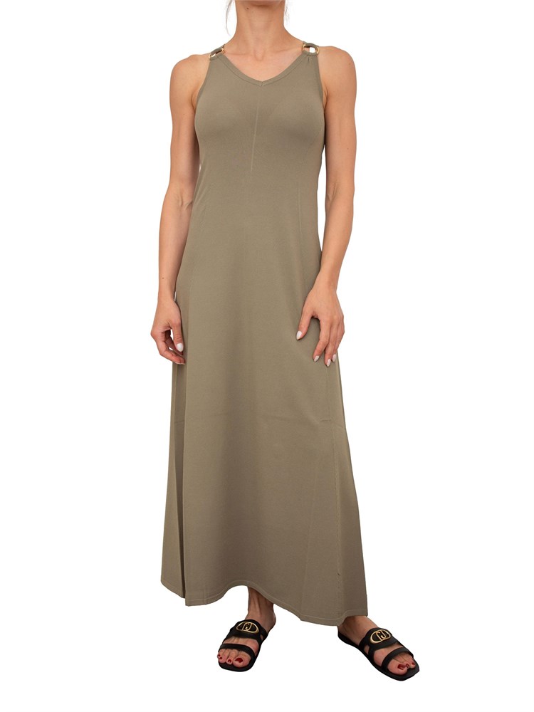 Abito lungo Nenette in maglia verde salvia con inserto oro su spalle