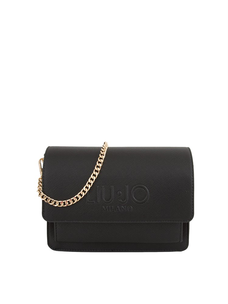 Borsa a tracolla nera Liu Jo con patta maxi logo e tracolla a catena