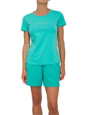 T-shirt Liu Jo donna in cotone verde acqua con logo con strass ricamati in DONNA