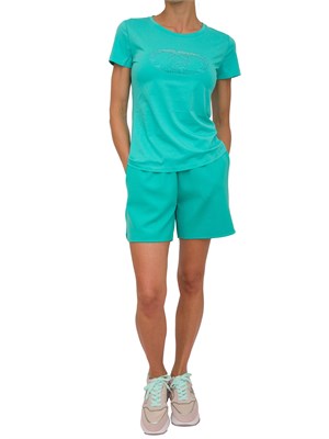 T-shirt Liu Jo donna in cotone verde acqua con logo con strass ricamati in DONNA