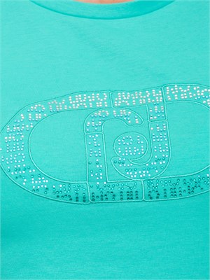 T-shirt Liu Jo donna in cotone verde acqua con logo con strass ricamati in DONNA