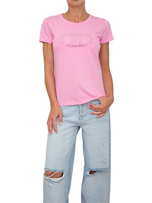 T-shirt Liu Jo donna in cotone rosa con logo con strass ricamati in DONNA
