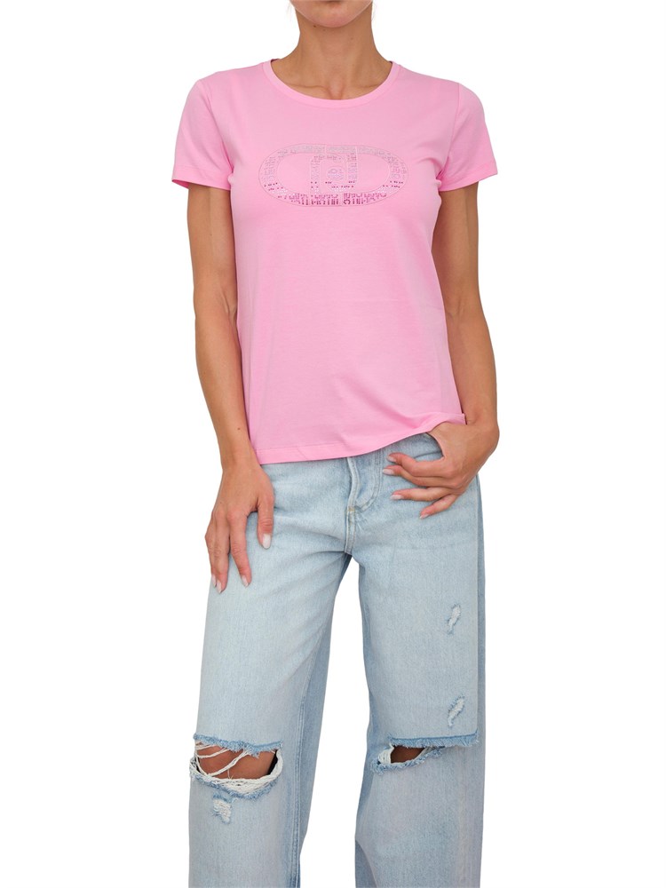 T-shirt Liu Jo donna in cotone rosa con logo con strass ricamati