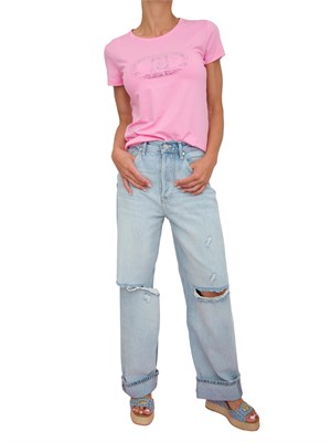 T-shirt Liu Jo donna in cotone rosa con logo con strass ricamati in DONNA