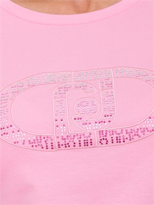 T-shirt Liu Jo donna in cotone rosa con logo con strass ricamati in DONNA