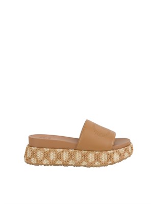 Ciabatte platform marroni Liu Jo in rafia con logo traforato in DONNA
